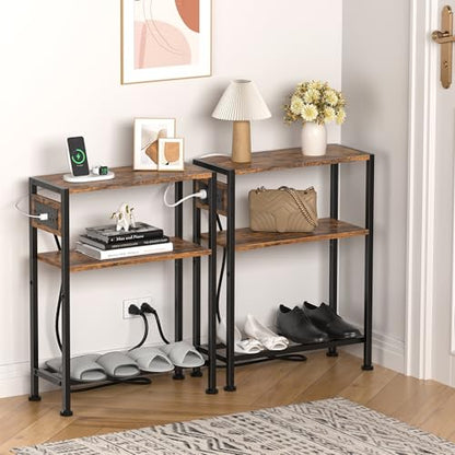 Small Narrow Side Table with Charging Station, Skinny End Table for Small Spaces, Slim Nightstand with Outlets, Sofa Bedside Table in Living Room, Bedroom, Study, Kitchen and Balcony (Rustic Brown) - color: Rustic Brown