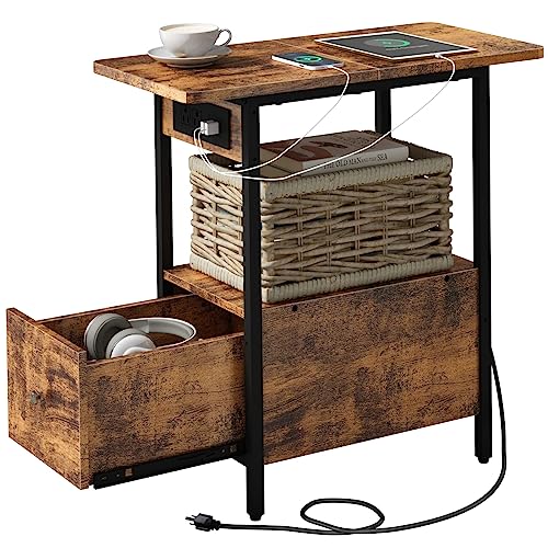 LIDYUK End Table with Charging Station, Narrow Side Table with Drawer | Equipped with USB Ports & Power Outlets, Nightstand Bedside Tables for Small Spaces, Bedroom, Living Room, Rustic Brown - color: Rustic Brown, size: Pack of 1