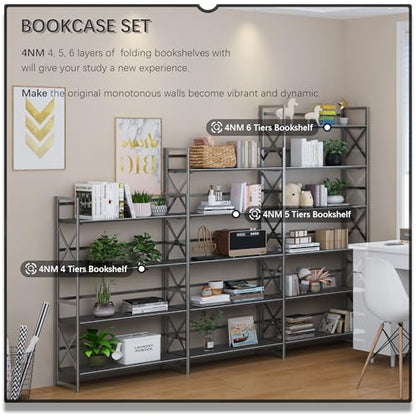 4NM Extra Wide 5 Tiers No Assembly Book Shelves, 51.2" H Folding Bookshelf Bookcase Open Industrial Foldable Shelves for Bedroom, Living Room, Home Office - All Black - color: All Black, size: Wide XX 5-Tier