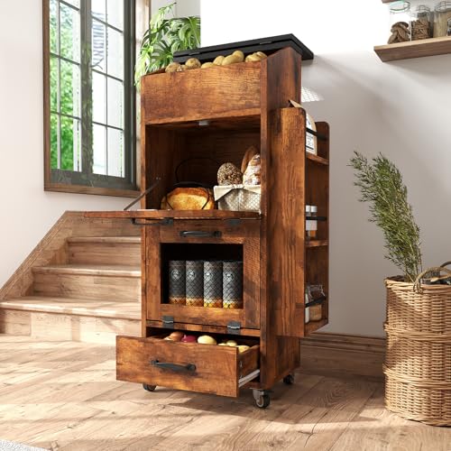 Verano Garden 16.0" Potato and Onion Storage Bin on Wheels, Bread Box | Fruit and Vegetable Organizer, Rolling, Side Rack, Flip-top, Mesh Doors, 4-Tier, Grocery Section, Ventilated, Wood, Kitchen - color: Rustic Brown, size: 16.0"