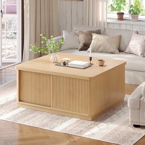 Itaar 39.4'' Lift Top Coffee Table with Storage, Fluted Coffee Tables for Living Room, Square Coffee Table with Large Hidden Compartment & 2 Drawrs & Adjustables Shelves, Oak - color: Oak