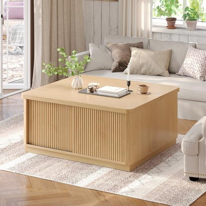 Itaar 39.4'' Lift Top Coffee Table with Storage, Fluted Coffee Tables for Living Room, Square Coffee Table with Large Hidden Compartment & 2 Drawrs & Adjustables Shelves, Oak - color: Oak