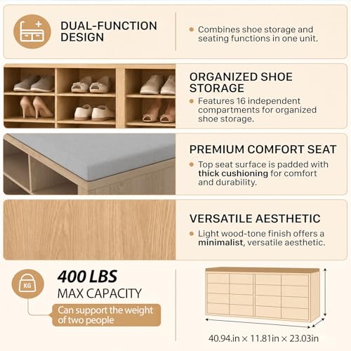 ITEFDTUTNE Shoe Rack Bench 40.94" Entryway Bench with Shoe Storage 16 Cubby Wood Shoe Organizer Bench with Removable Cushion for Hallway, Living Room, Bedroom and Garage - color: Natural Wood + Light Gray