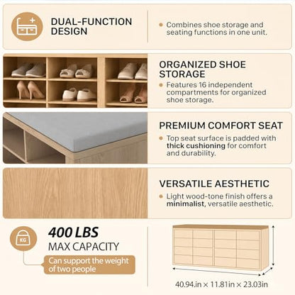 ITEFDTUTNE Shoe Rack Bench 40.94" Entryway Bench with Shoe Storage 16 Cubby Wood Shoe Organizer Bench with Removable Cushion for Hallway, Living Room, Bedroom and Garage - color: Natural Wood + Light Gray