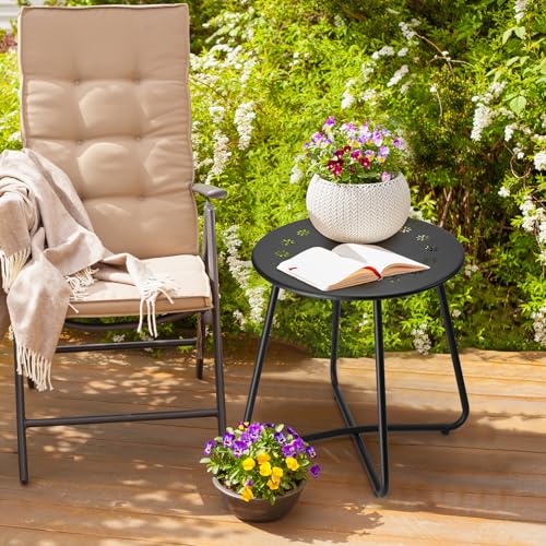 danpinera Outdoor Side Tables with Flower Cut Outs, Weather Resistant Steel Patio Side Table, Small Round Outdoor End Table Metal Side Table for Patio Yard Balcony Garden Black - color: Black