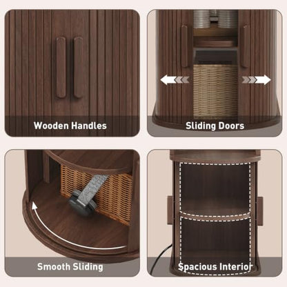 RALGEND Narrow End Table with Charging Station, Fluted Sofa Side Table with Sliding Curved Door and Storage Shelf, Mid-Century Bedside Table, Modern Nightstand for Living Room, Bedroom, Walnut - color: Walnut