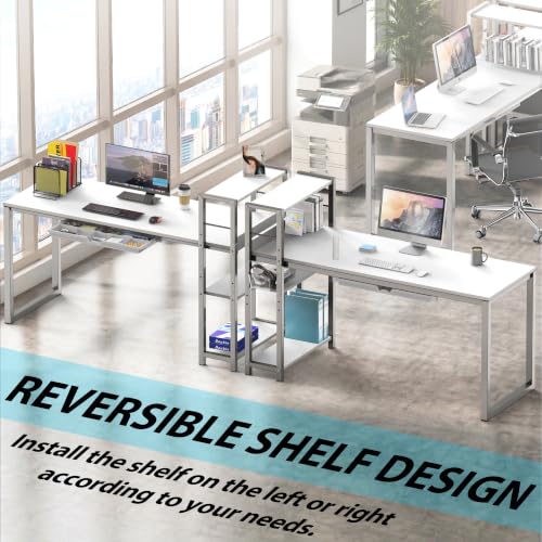 SHW 46-Inch Home Office Computer Desk w/Side Shelf & Drawer, White | w/ Reversible Adjustable Shelf | Drawer with adjustable compartments - color: White