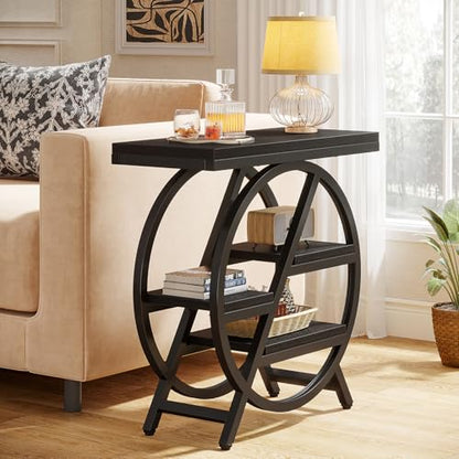 Tribesigns End Table for Living Room, 3-Tier Narrow Side Table with Storage, Wood Sofa Side Table with Geometric Metal Frame, Industrial Nightstand and Bedside Table for Bedroom, Black - color: Black