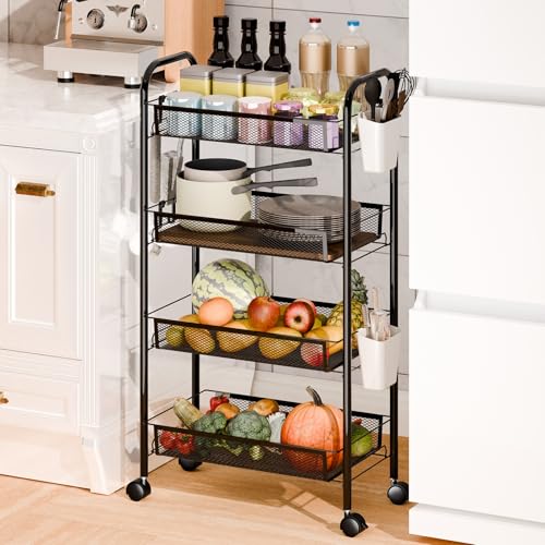 3/4/5 Tier Rolling Utility Cart Organizer,Stable Rolling Storage Carts,Stackable Metal Wire Storage Baskets with Wheels,Fruit Vegetable Produce Basket Organizer Bins for Kitchen Pantry Black - color: Black, size: 4-Layers-B