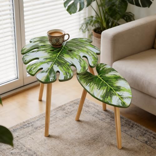 BAMEOS Monstera Leaf Nesting Tables Set of 2, Small Side Tables f Set with Leaf Vein Pattern, Modern Wooden CoffeeTables for Living Room Bedroom Apartment Balcony Yard - color: Green Monstera