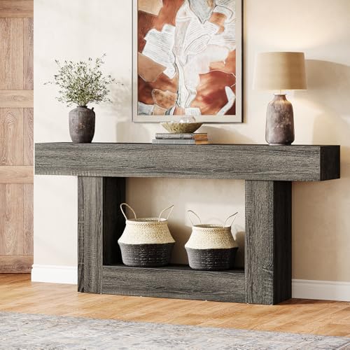 Tribesigns 63-Inch Long Console Table, 2-Tier Entryway Table Sofa Table with Storage, Farmhouse Wood Behind Couch Table for Living Room, Hallway, Rustic Gray - color: Rustic Gray