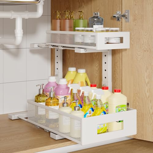 1 Pack-11.4"-16.14"H Under Sink Storage Organizer, Large 2-Tier Elegant Mesh Pull Out Shelf for Kitchen and Bathroom Cabinet Organization, L-Shaped and Adjustable Height Design for Maximum Space-White - color: White, size: 1 Pack-15.74"Dx11.4"-16.14"H