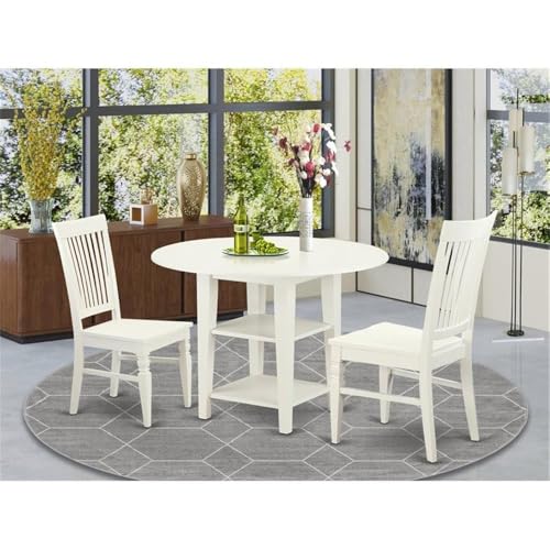 East West Furniture SUWE3-LWH-W 3 Piece Modern Dining Table Set Contains a Round Wooden Table with Dropleaf & Shelves and 2 Dining Room Chairs, 42x42 Inch, Linen White - style: SUWE3-LWH-W
