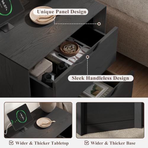 YANSNWO Black Nightstand with Charging Station, 23.6" Modern Bedside Table with Thickened Frame & Unique Panel, Mid Century Wood End Table for Bedroom, Living Room - color: Black, size: 15.6"D x 23.6"W x 23.6"H (2 Drawers)