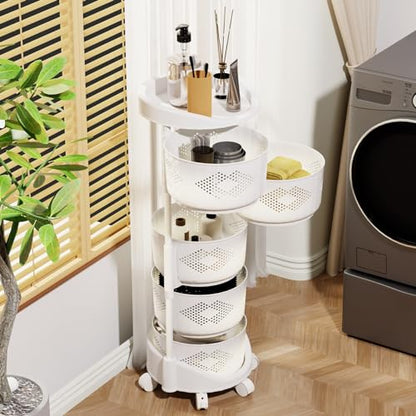 5 Tier Kitchen Storage Cart, Circular Rotating Basket Organizer Height Adjustable Fruit Vegetable Shelf, 360 Degree Lockable Wheels Hollow Mesh Rolling Storage Tower (White)
