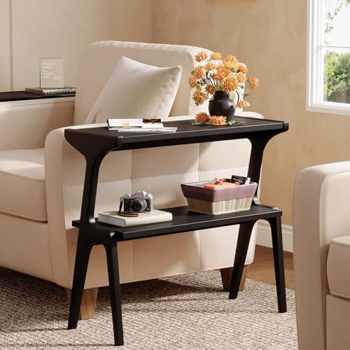 Solid Wood End Table, 2-Tier Side Table with Storage Shelf, Wooden Modern Accent Slim Bedside Table for Sofa, Living Room, Bedroom, Small Space, Easy Assembly, Black - color: Black