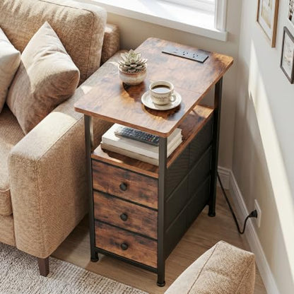 AMHANCIBLE End Tables Living Room with Charging Station, Narrow Side Table with USB Ports and Outlets, Slim Nightstand with 3 Fabric Drawers for Bedroom, Small Space, Rustic Brown, HETN013BR-1 - color: Brown, style: Power