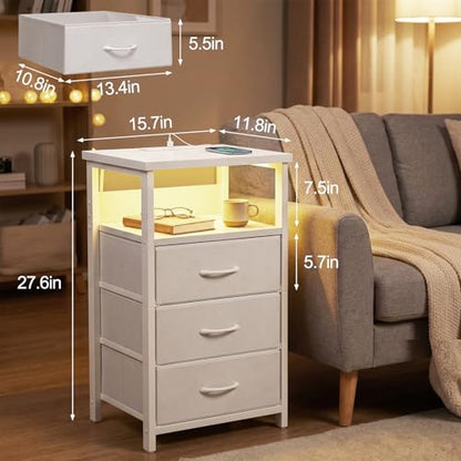 Fixwal White Nightstand with Charging Station, LED Night Stand with 3 Fabric Drawers and Open Shelf, Bedside End Table in Bedroom - color: White, size: 27.6"H (3 drawers), style: Power+Light (1pc)