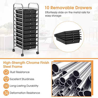DREAMADE Rolling Cart with Storage Drawers, Utility Cart with Removable Plastic Drawers, Lockable Wheels, Art Cart for Classroom Organization Art Supplies Office Scrapbook (10 Drawers, Black) - color: Black, style: 10 Drawers