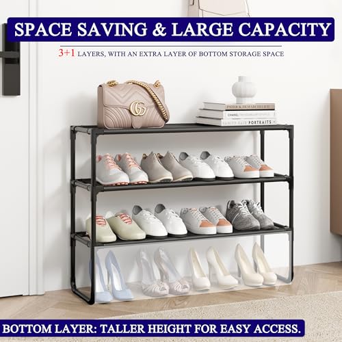 Long Shoe Rack, 3-Tier Stackable Shoe Organizer for Closet, Entryway, Hallway, Extra Bottom Layer, Holds 16-20 Pairs, Sturdy & Durable Waterproof Fabric Shelf, Space-Saving,Black(35.8" Wide) - size: 3-Black-35.8"