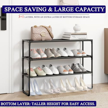 Long Shoe Rack, 3-Tier Stackable Shoe Organizer for Closet, Entryway, Hallway, Extra Bottom Layer, Holds 16-20 Pairs, Sturdy & Durable Waterproof Fabric Shelf, Space-Saving,Black(35.8" Wide) - size: 3-Black-35.8"