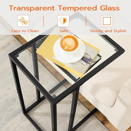 HOOBRO C Shaped End Table, Set of 2, Glass Side Table with Metal Frame, Black Coffee Table for Small Space, Modern Style, for Living Room, Black BK03SFP201 - color: Black