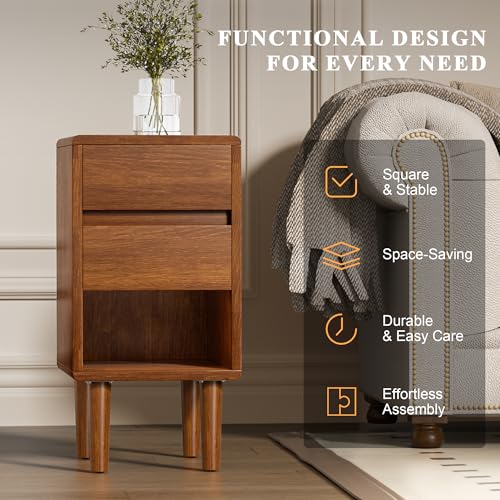 Narrow Nightstand 2 Drawers with Open Shelf Narrow Night Stand Solid Wood Bedside Table Mid Century Modern Nightstand Wooden End Table for Bedroom, Study, Office - color: Walnut-2d, size: 15.75''×11.8''×23.62''