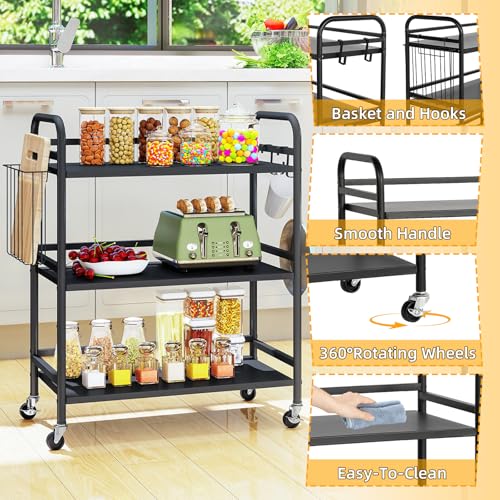 HDANI 3 Tier Metal Rolling Utility Cart,High Capacity Multi Purpose Heavy Duty Cart for Office,Kitchen,Living Room,Bedroom,Black - color: Black, size: Large with Basket