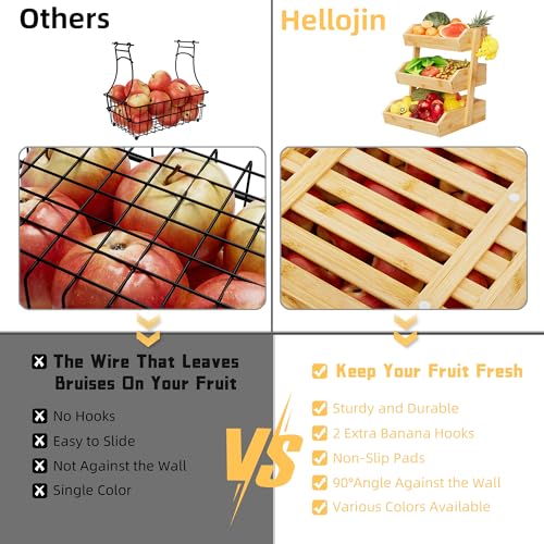 Hellojin Bamboo 3 Tier Fruit Basket for Counter with 2 Banana Hangers | Wooden Tiered Organizer, Protective Mats, Large Capacity, Versatile Holder for Bread, Snacks, Veggies, Onion and Potato - color: Bamboo-3 tier
