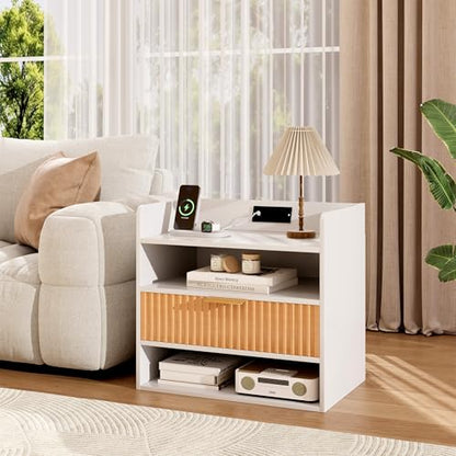ZIFTY Fluted Nightstand with Charging Station, White Bedside Table with Drawer and Storage Shelves Modern End Table Side Table for Bedroom Living Room, Night Stand Bedroom Furniture Apartment Decor