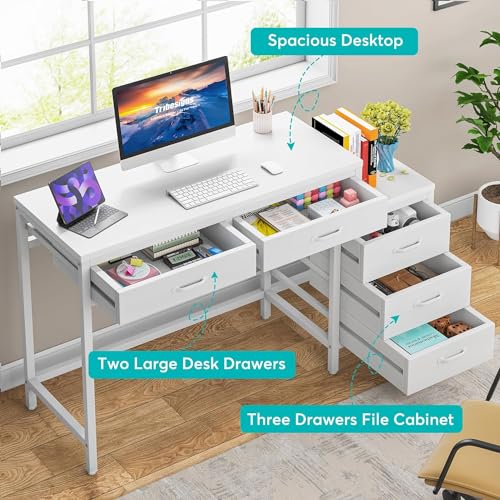 Tribesigns Computer Desk with 5 Drawers, Home Office Desks with Reversible Drawer Cabinet Printer Stand, Industrial PC Desk with Storage, White Study Writing Table Workstation for Small Spaces - color: White