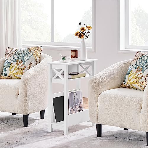 Yaheetech Small Side Table with Storage Shelf, 3-Tier Slim X Shaped End Table with Magazine Rack, Living Room Home Office Balcony Small Spaces, Effortless Assembly, White