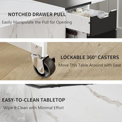 White Marble Mobile Folding Dining Table - 6-Wheel Rolling Kitchen Cart with Storage, Drop Leaf Design for Small Spaces, Suitable for Kitchen, Dining Room, Apartment - color: Black