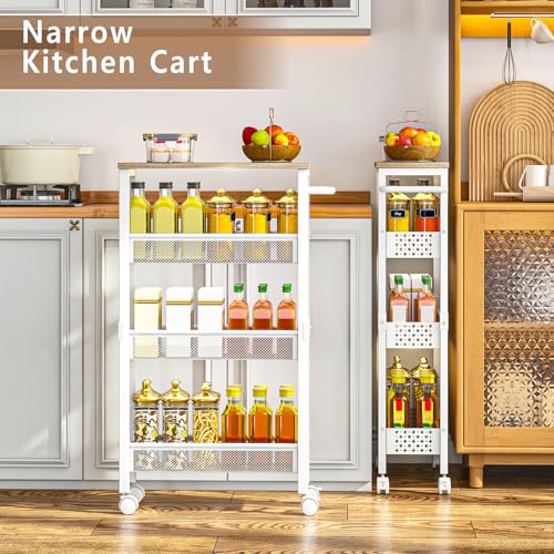 Utility Slim Rolling Storage Cart, 4-Tier Narrow Metal Organizer with Wood Top, 7.1" Width Utility Cart for Kitchen, Bathroom, Laundry Room, Small Spaces, White