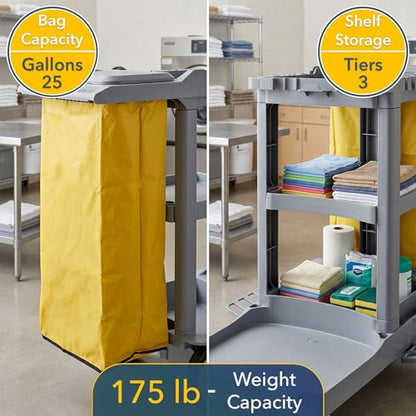 44” x 18” x 38” Grey 3-Shelf Janitorial Cart Kit - Commercial Housekeeping Cart with Yellow Bag, Black Zippered Bag, Lid, Folding Handle for Hotels, Offices, Schools - 175 lb Capacity - size: Small (Grey)