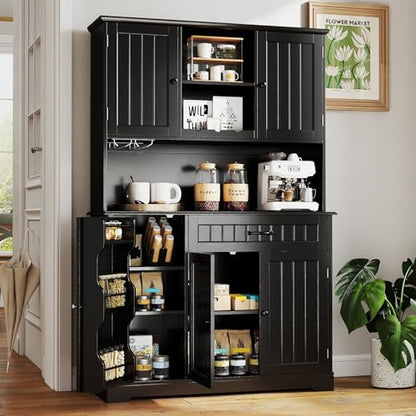 Gizoon Kitchen Pantry Cabinet with Countertop Kitchen Hutch Storage Cabinet 67.7" Tall Pantry Coffee Bar with Storage for Dining Room and Craft Room, Painted Black - color: Black