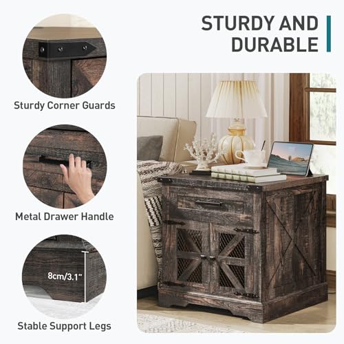 RALGEND Farmhouse End Table with Charging Station, 24" Large Sofa Side Table with Drawer, Large End Table for Living Room, Wooden Nightstand with Outlet, Square, Dark Rustic Oak - color: Dark Rustic Oak