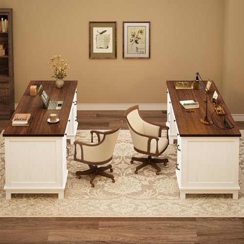 Garvee 60" Wooden Home Office Desk with File Drawers, Executive Desk with Adjustable Cabinet, Farmhouse Wood Desk with Power Outlet, Distressed Study and Work Table, Rustic White - color: Rustic White, size: 60" W