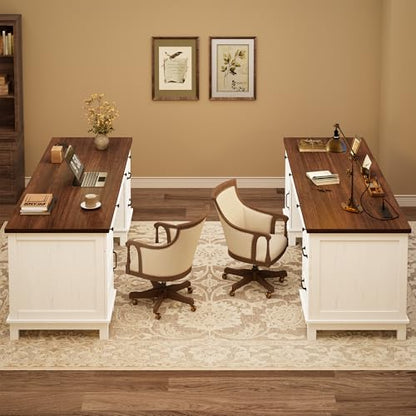 Garvee 60" Wooden Home Office Desk with File Drawers, Executive Desk with Adjustable Cabinet, Farmhouse Wood Desk with Power Outlet, Distressed Study and Work Table, Rustic White - color: Rustic White, size: 60" W