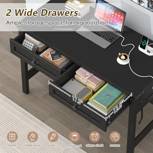 YOMILUVE Farmhouse Computer Desk with 2 Drawers, 39 Inch Small Black Computer Desk with Power Outlets, Home Office Desk Compact Writing Study Table for Small Spaces - color: Black