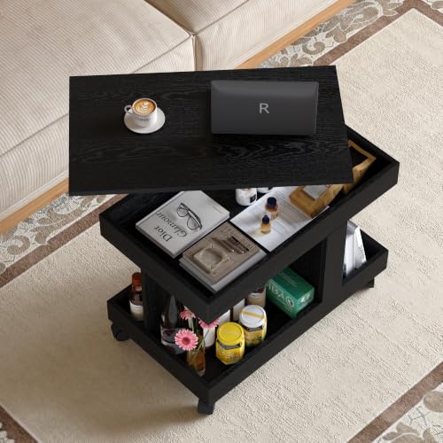 Multifunctional End Table with Wheels and 360° Rotating Desktop | Rolling Design, Storage Compartment, Sofa Side Narrow Table, Bedside Use, Living Room & Bedroom - color: Black-7.15