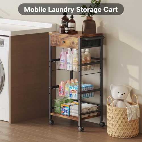 Kitchen Organizer and Storage Cart with Fabric Drawer and Convenient Handle, Snack Organizer Cart with 2 Pull-Out Baskets and 2 Storage Shelves, Rolling Kitchen Cart for Fruit Potato Onion Vegetable - style: 4 Tier with Drawer