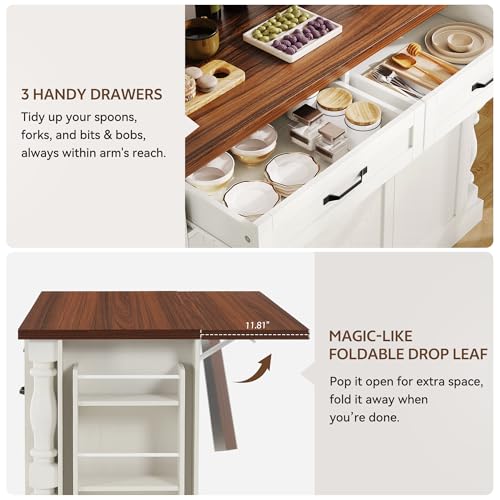 Roman Style Kitchen Island with Power Outlet & Trash Cabinet, | 47.6" Rolling Kitchen Island with Drop Leaf Tabletop, Kitchen Cart with Spice Rack & Drawers & Cabinets Coffee Bar Station