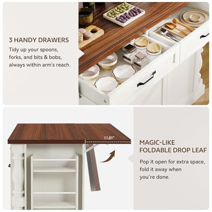 Roman Style Kitchen Island with Power Outlet & Trash Cabinet, | 47.6" Rolling Kitchen Island with Drop Leaf Tabletop, Kitchen Cart with Spice Rack & Drawers & Cabinets Coffee Bar Station