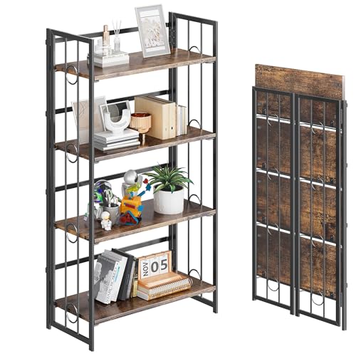 4NM No Assembly 4 Tiers Folding Bookshelf, 47.2" H Foldable Storage Shelves Vintage Bookcase Standing Racks Study Organizer Home Office - Rustic Brown Black - color: Rustic Brown Black, size: 4-Tier
