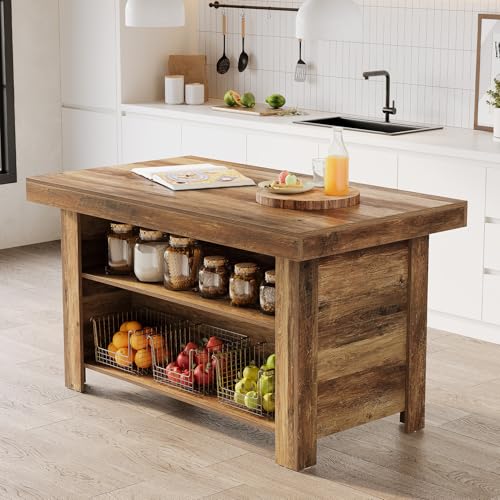 LITTLE TREE 55 Inches Kitchen Island with Storage, 3-Tier Farmhouse Wooden Stationary Island Table with Large Worktop & Leg Room, Modern Coffee Bar Table with Storage Shelf for Kitchen, Rustic Brown - color: Rustic Brown