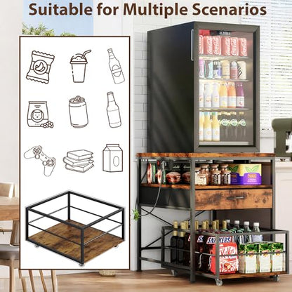 DreamDashio Mini Fridge Stand with Outlet & 3-Tier Rolling Cart, Switchable-Side Power Hub with Storage Drawer & Basket for Microwave, Beverage Cooler, Kitchen, Dorm & Office