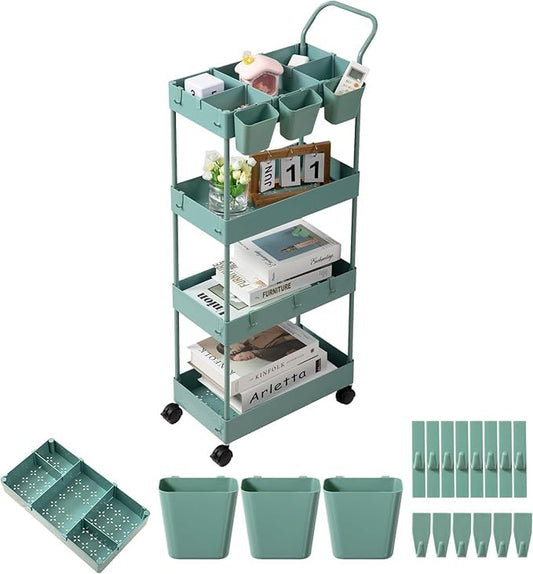 danpinera Slim Storage Cart on Wheels, 4 Tier Narrow Laundry Cart with Hooks Hanging Cups Dividers Mobile Rolling Lash Cart with Handle for Bathroom Small Spaces, Green - style: 4 Tier Green