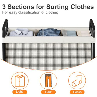 WOWLIVE Laundry Hamper 3 Section, 120L Rolling Laundry Basket with wheels and Removable Liner Bag, Laundry Sorter with Metal Handle, Large Clothes Hamper for Laundry Room, Bathroom and Dorm, Beige - size: 3-Section