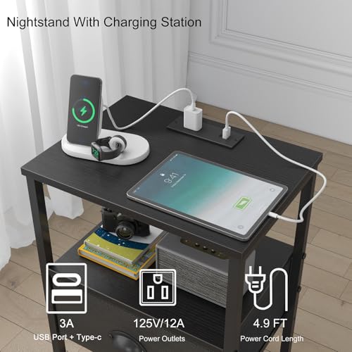 sthmec Nightstands Set of 2, Black Night Stands with Charging Station, Bedside Tables with Drawers PU Finish, 2-Tier Side Table with Open Shelf, Nightstands with Drawer,Black - color: Black, style: Power